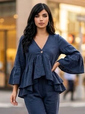 Flattering Navy Blue Ruffled Top with Flared Sleeves Size Medium